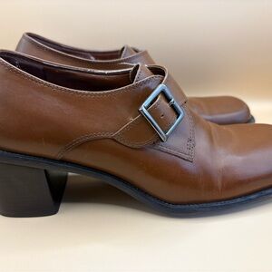 Enzo Angiolini Women's Brown Leather Square Toe Loafers Chunky Heel Size 6.5